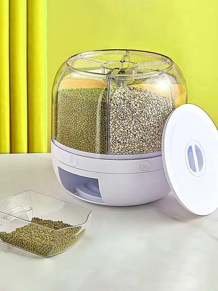 360° rotating 6-grid grain dispenser, one-touch output storage container for rice grain sealing and moisture-proof organizer