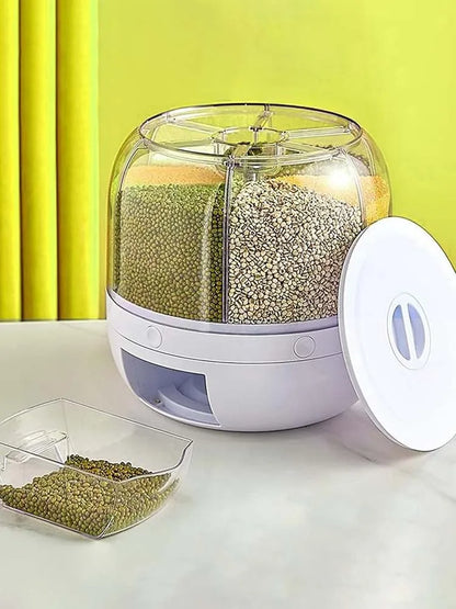 360° rotating 6-grid grain dispenser, one-touch output storage container for rice grain sealing and moisture-proof organizer