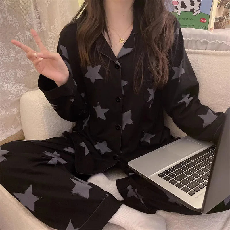 Korean Style Long-Sleeved Pajamas Set for Women Spring Autumn Homewear Comfortable Ladies Sleepwear Student Senior Casual Outfit