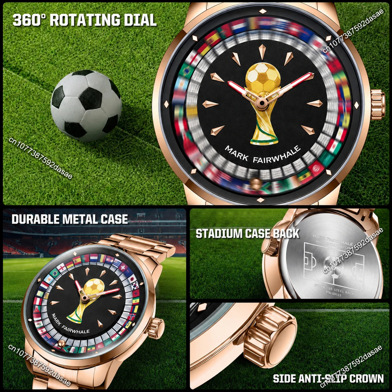 MARK FAIRWHALE 5087 Famous Football Sports Quartz Watch 360 ° Rotating Flag Dial Stainless Steel Strap Waterproof Watch for Man