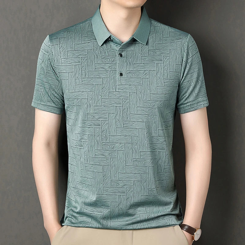 Men's Comfortable Short Sleeve Polo Shirt Weave Pattern Contrast Collar Design 2026 Casual Daily Office Fashion Top