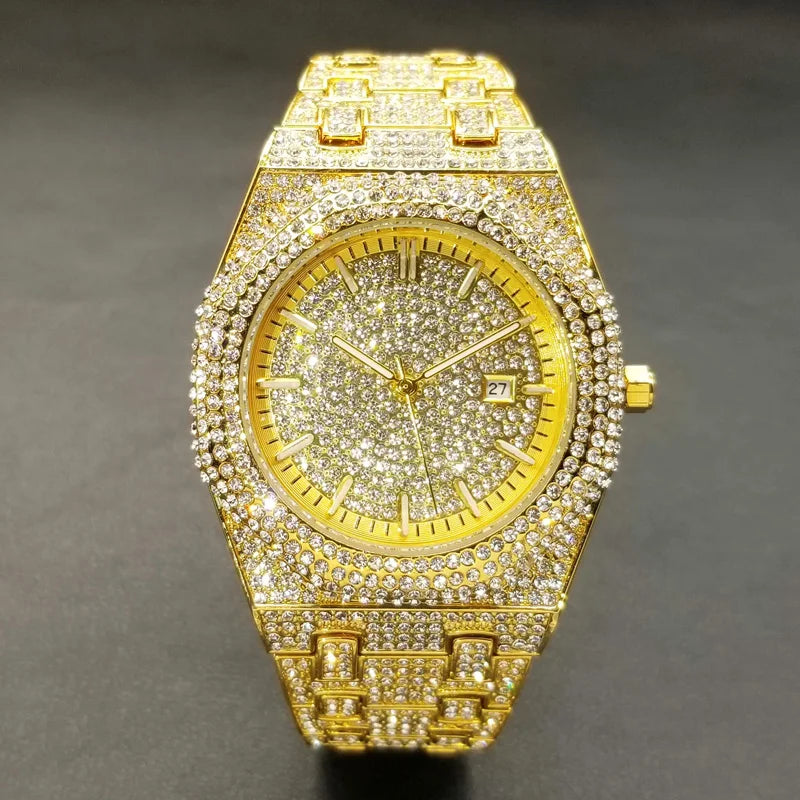 New Arab Number Brand Watch For Men Luxury Fully Diamond Bling Mens Quartz Watches Fashion Iced Out Silver Waterproof Male Clock