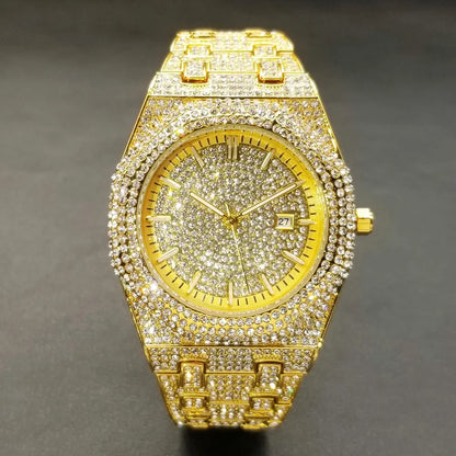 New Arab Number Brand Watch For Men Luxury Fully Diamond Bling Mens Quartz Watches Fashion Iced Out Silver Waterproof Male Clock