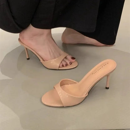 Wine Red Patent Leather Women Slippers Sandals Fashion Round Open Toe Thin High Heels Mules Slides Summer Party Dress Shoes