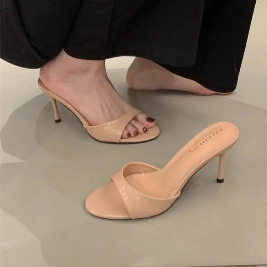 Wine Red Patent Leather Women Slippers Sandals Fashion Round Open Toe Thin High Heels Mules Slides Summer Party Dress Shoes
