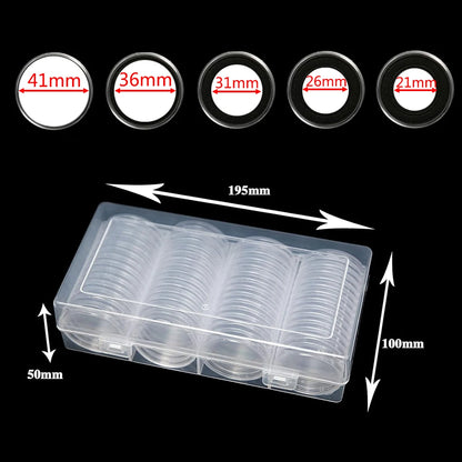 60Pcs 41mm Coin Capsules with Black Gaskets and a Storage Organizer Box for 5 Sizes (21/26/31/36/41mm) Coins Collection Holder