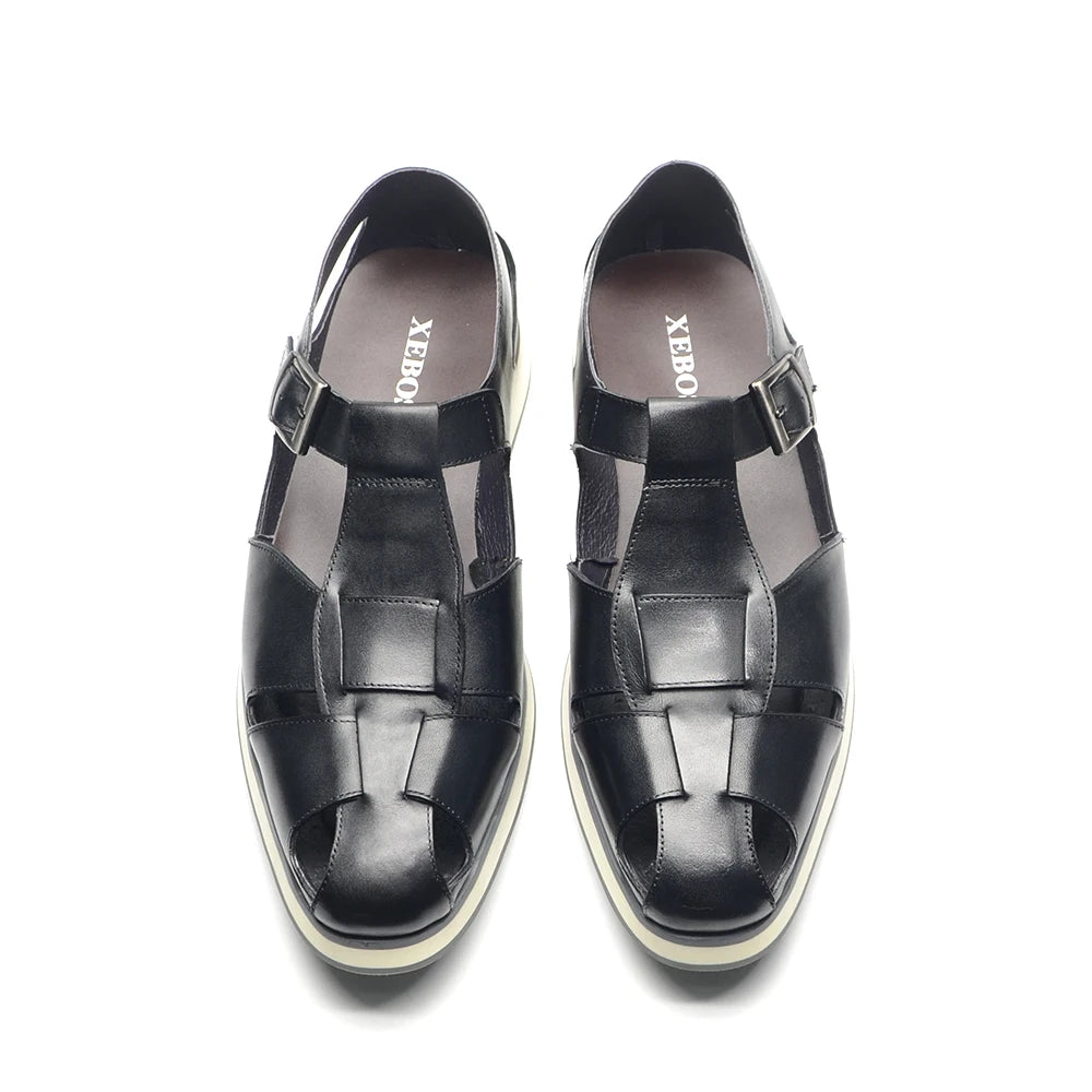 XEBOS Men's Sandals Genuine Leather Cowhide Summer Outdoor Flat Shoes Casual Sneakers Buckle Strap Black Brown Male Footwear