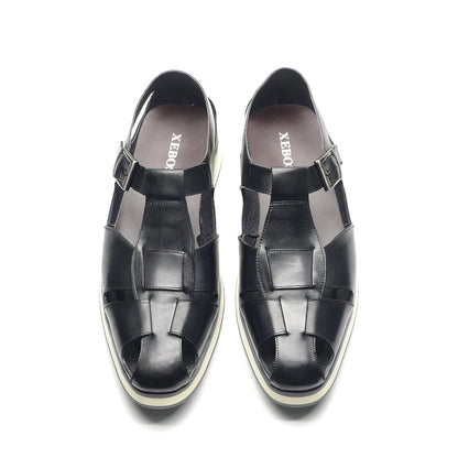 XEBOS Men's Sandals Genuine Leather Cowhide Summer Outdoor Flat Shoes Casual Sneakers Buckle Strap Black Brown Male Footwear