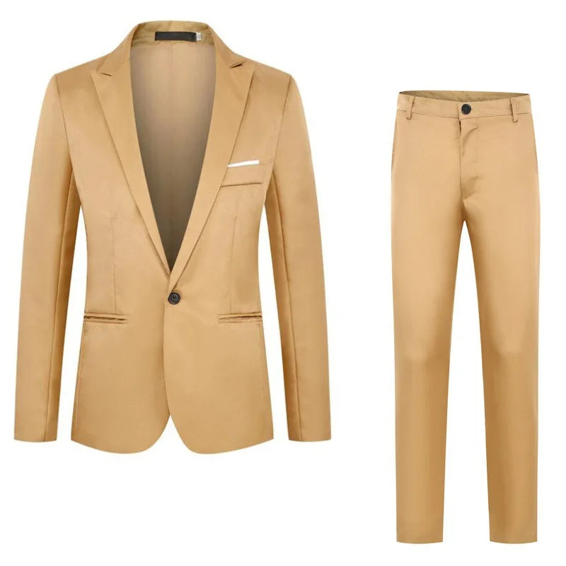Spring Autumn New Fashion Men's Casual Trendy Slim 2 Pieces of Sets Suit Sets Solid Color Single-button Suit Blazers Pants Male