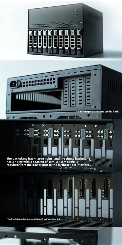 N10 NAS Case - 10+2 Bay Hot Swap, Supports MATX Board & 1U PSU, 4 PCI-E Slots, Aluminum Chassis for Storage
