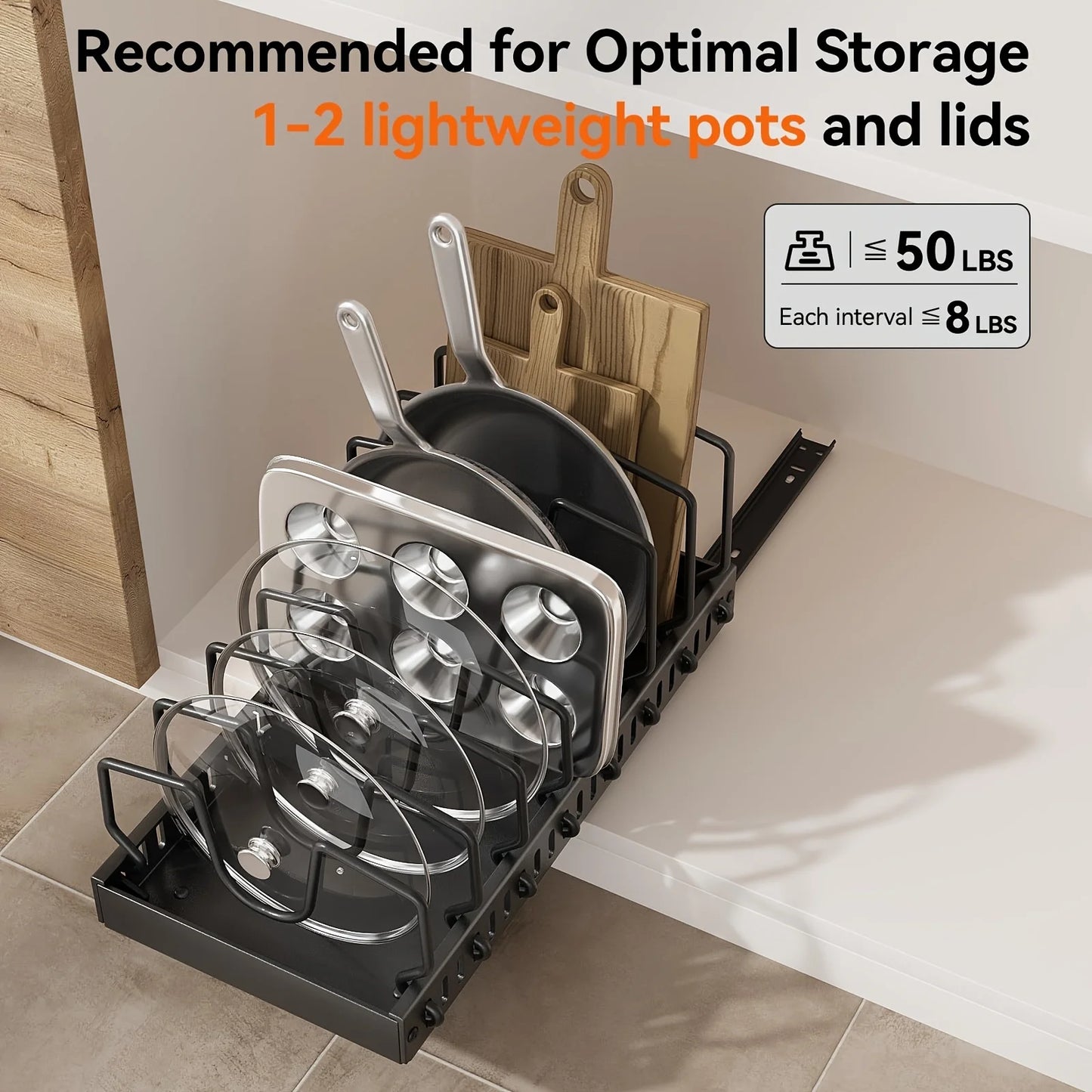 Pull-out Cookware Frying Pan Storage Rack with 8 Adjustable Dividers Pot Lid Holder Under Cabinet Kitchen Organizer