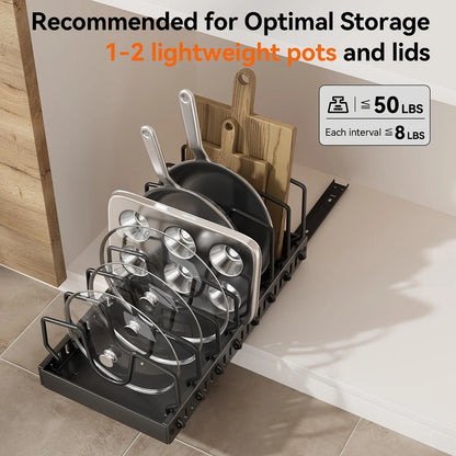 Pull-out Cookware Frying Pan Storage Rack with 8 Adjustable Dividers Pot Lid Holder Under Cabinet Kitchen Organizer