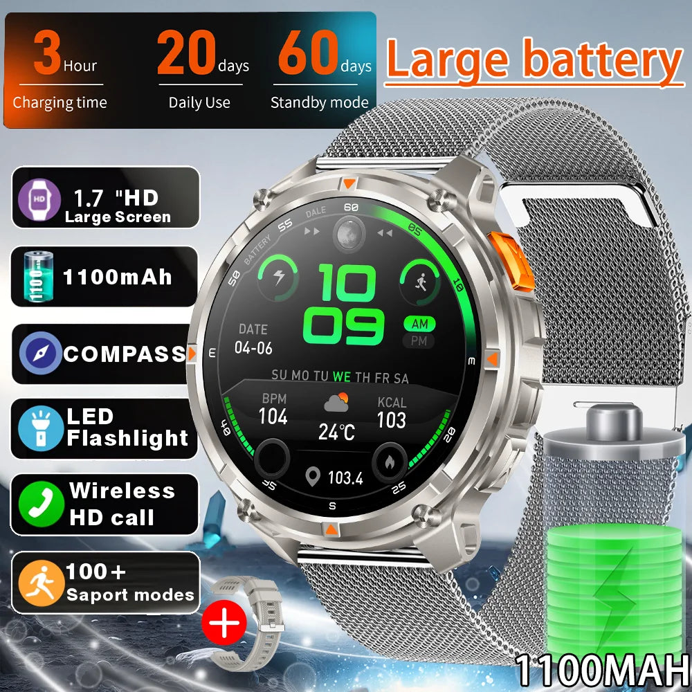 2026 T-Rex3 Ultra 1100mAh Battery 170+Sport Fitness LED Flashlight IP68 Waterproof Bluetooth call GPS track Smartwatch Compass