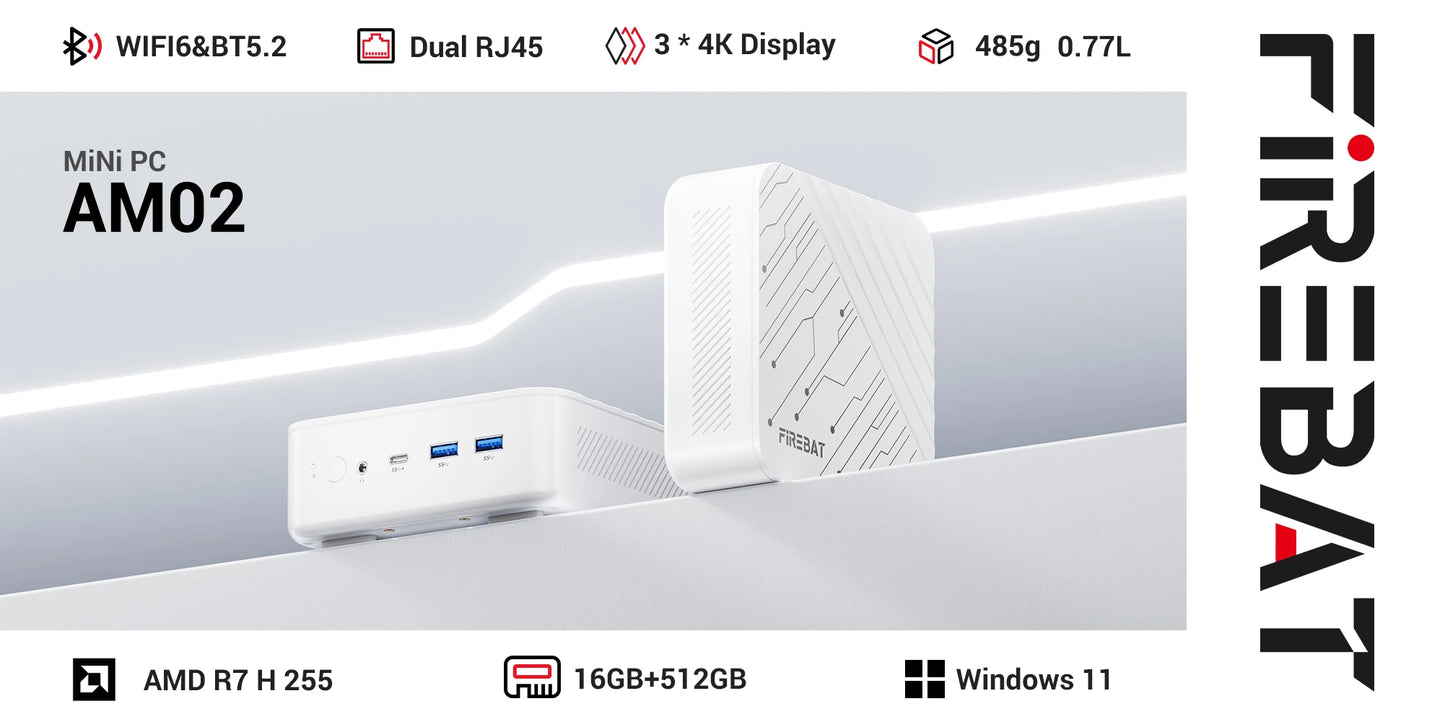 FIREBAT AM02 AMD Ryzen7 H 255 Mini PC 16GB DDR5 RAM 512GB SSD WIFI6 BT5.2 4A1C Dual RJ45 3*4K Display Compact Gaming Computer