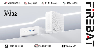 FIREBAT AM02 AMD Ryzen7 H 255 Mini PC 16GB DDR5 RAM 512GB SSD WIFI6 BT5.2 4A1C Dual RJ45 3*4K Display Compact Gaming Computer
