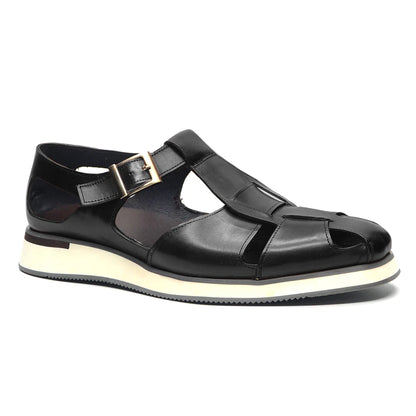 XEBOS Men's Sandals Genuine Leather Cowhide Summer Outdoor Flat Shoes Casual Sneakers Buckle Strap Black Brown Male Footwear