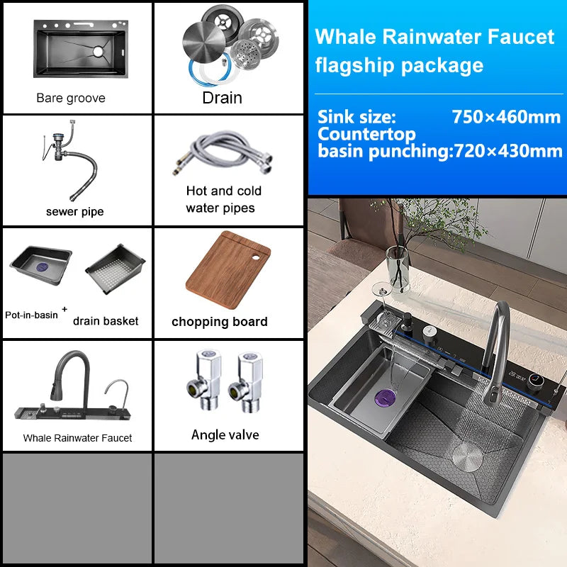 Various Waterfall kitchen Sink  Stainless Steel Multifunctional Large Single Slot Digital Display Sinks