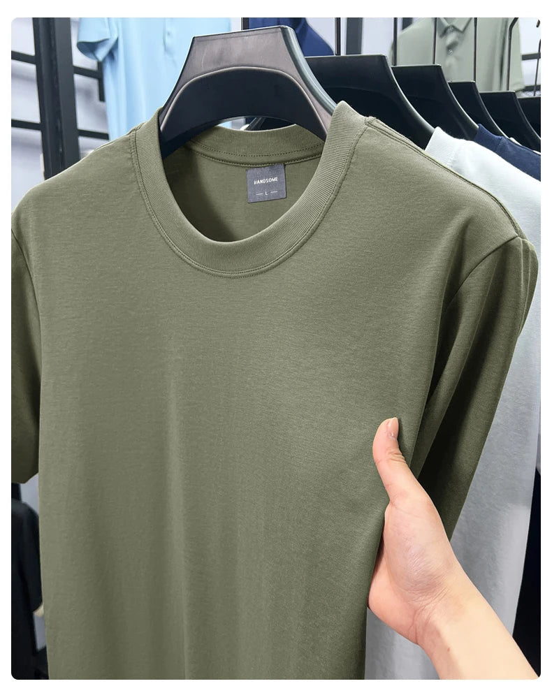 High quality luxury short sleeve T-shirt summer breathable cool silk cotton fashion solid color round neck top casual men's wear