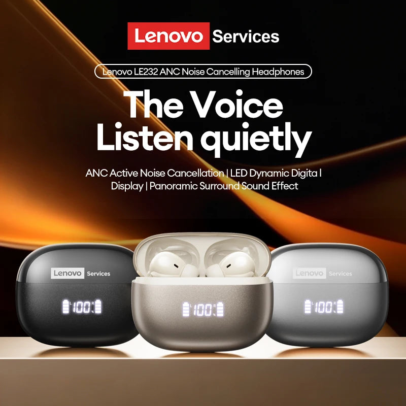 New Lenovo LE232 ANC Bluetooth 6.0 Headphones Active Noise Cancelling Wireless Earphone Power Display Music TWS Earbuds Choice
