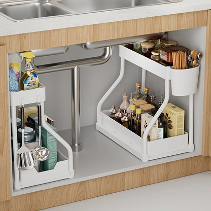 Double Layer Sliding Under Sink Storage Rack with Hanging Hooks Multifunctional Kitchen Bathroom Cabinet Organizer Rack
