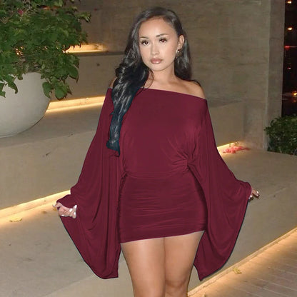 Hugcitar Solid Long Cloak Sleeve Sexy Loose Sexy Ruched Sexy Bodycon Mini Dress Fall Winter Women Fashion Outfit Party Festival