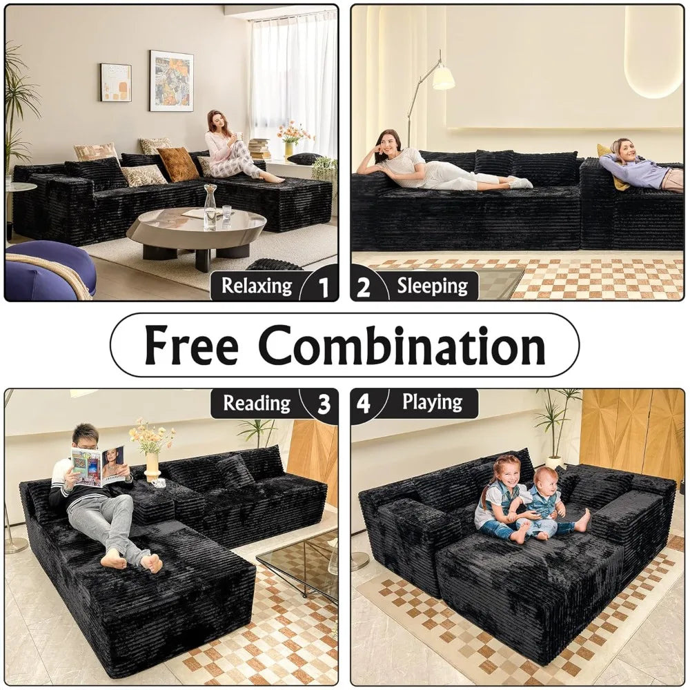 104" L-Shape Corduroy Sectional Sofa Deep Seat Chaise Living Room No Assembly Required, Custom