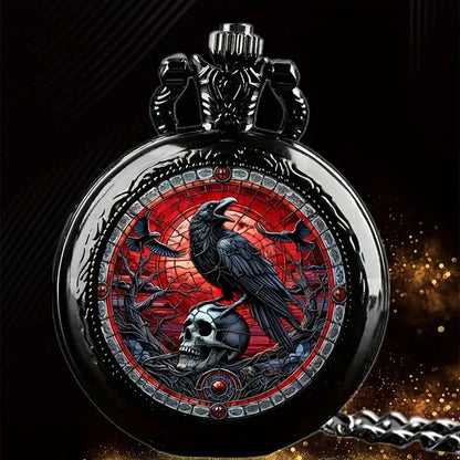 Gothic Design Black Raven Pocket Watch with Necklace Alloy Case & Band,Quartz Movement, Non-Waterproof Watch for Men Women Kids