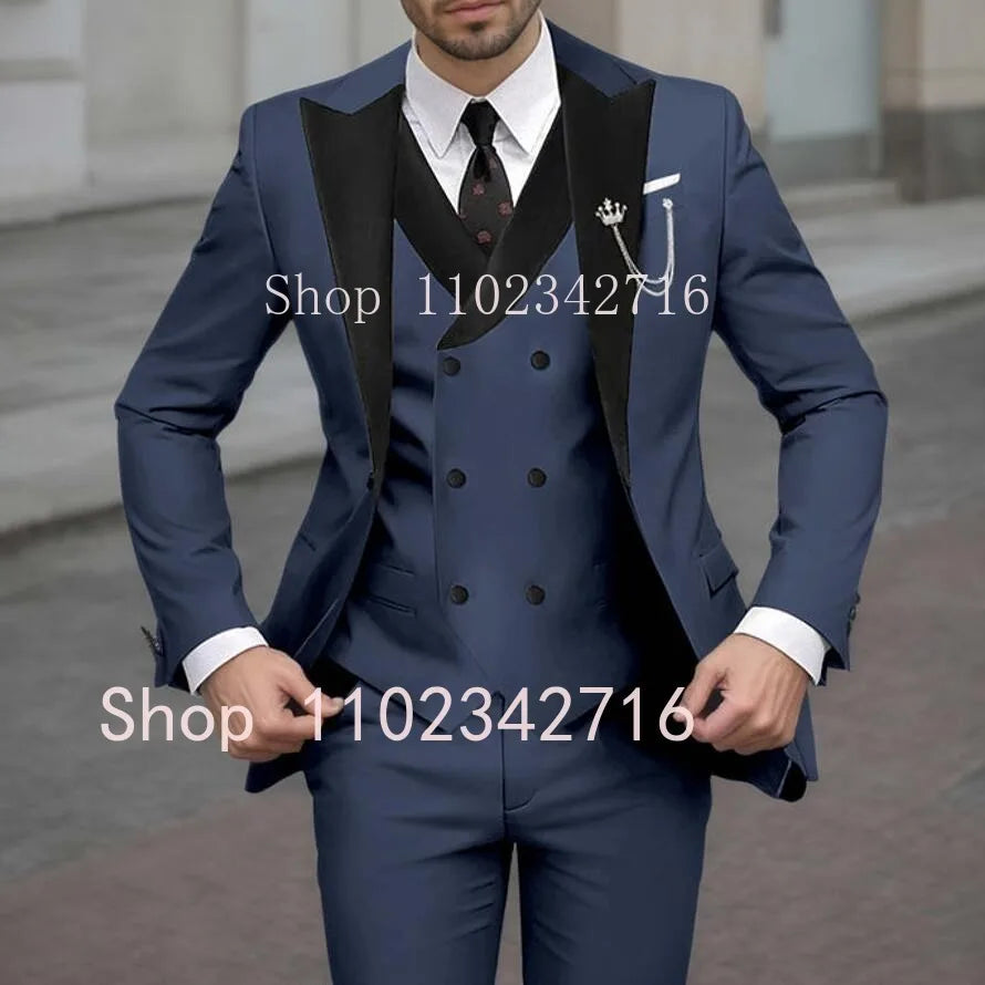 New Classic Beige Single Breasted Suits For Men Black Lapel Slim Fit Wedding Suit Groomsmen Formal Prom Party Suits 3 Piece Sets