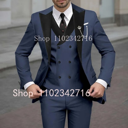 New Classic Beige Single Breasted Suits For Men Black Lapel Slim Fit Wedding Suit Groomsmen Formal Prom Party Suits 3 Piece Sets