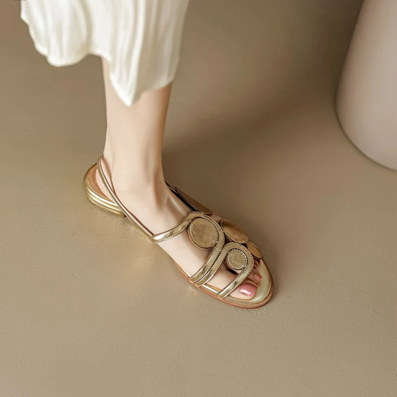 Women's New Round Head Spring/Summer Genuine Leather Sheepskin Spliced Low Heel Large Size Elastic Open Toe Sandals