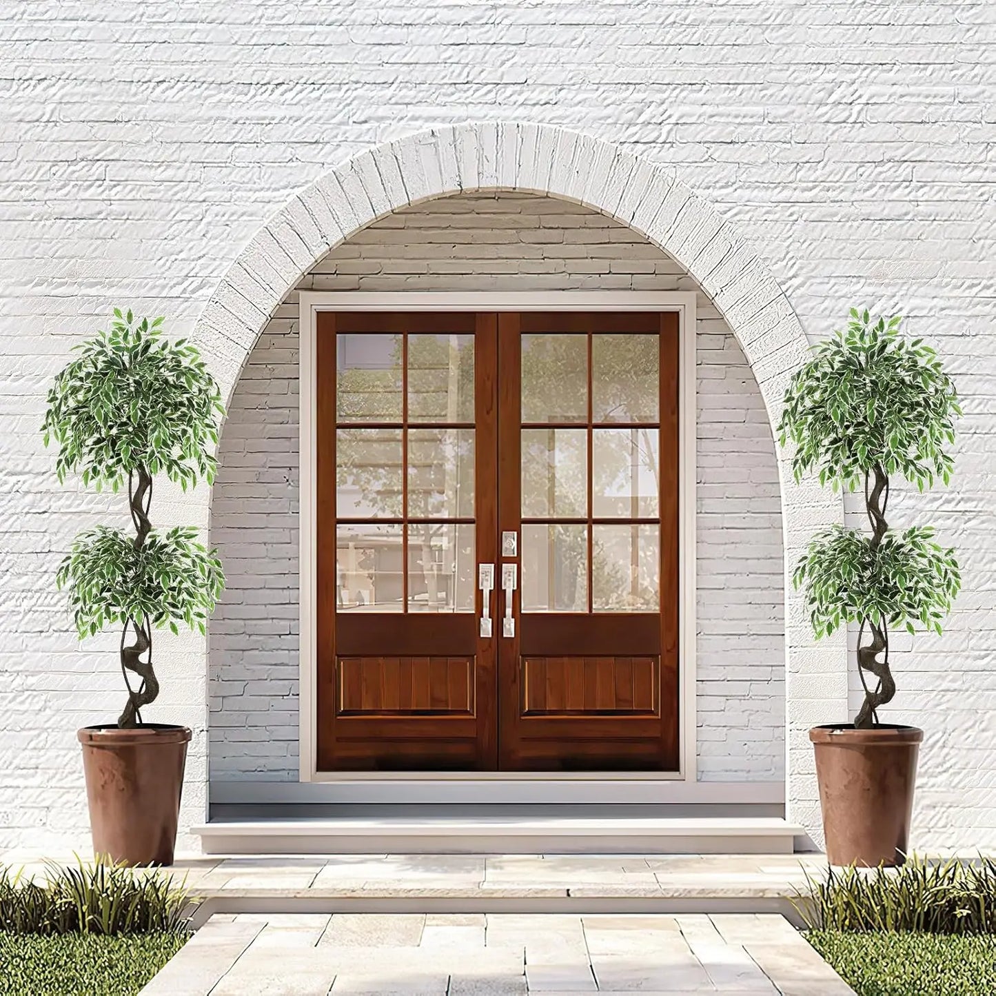 Artificial Ficus Tree Indoor Outdoor Fake Ficus Tree with Pebbles & Green Fake Moss, Pot Faux Tree for Office Home Decor