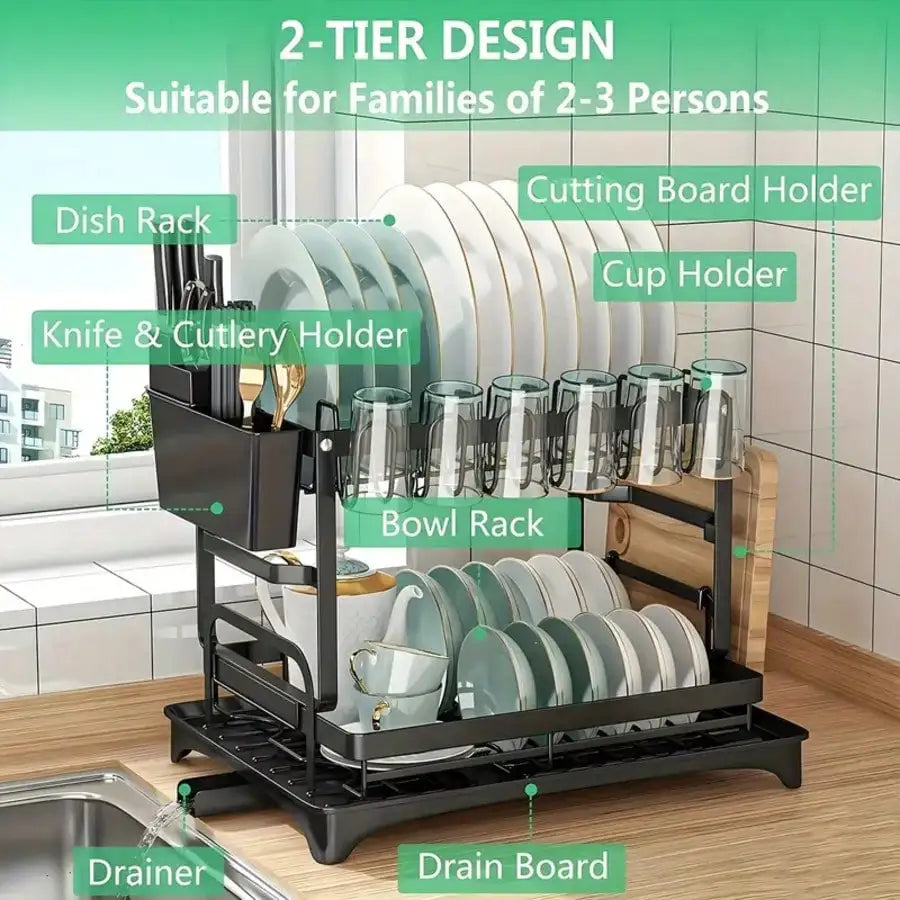 Stozle Double-Layer Dish Drying Rack For Kitchen Countertops, With Drainer Tray, Dish Drying Rack, Kitchen Organization And Stor
