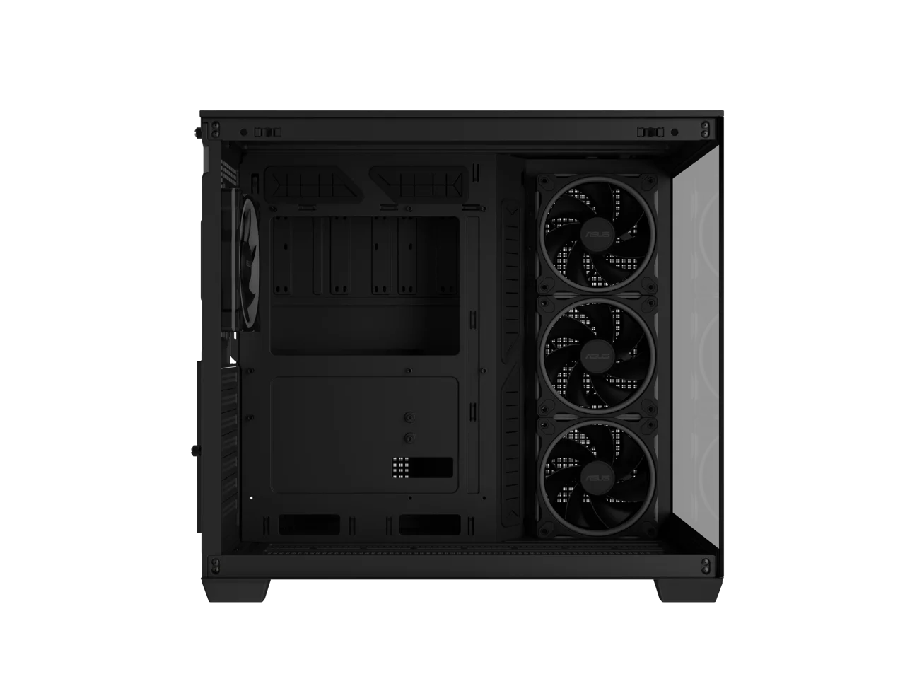 ASUS A32 PLUS Black ATX gaming PC case, support 360mm radiators and 420mm graphics cards, dual-chamber chassis for independent cooling zones, four pre-installed ARGB fans and clean cable management