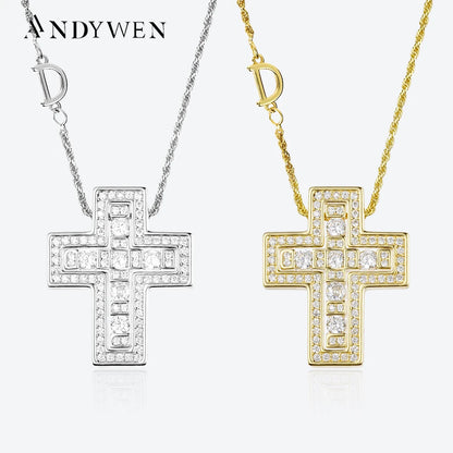 ANDYWEN 925 Sterling Silve Big Double Cross Pendant Long Chain Neckalce 2021 Korea Women High Quality D Twist Chain Jewelry Gift