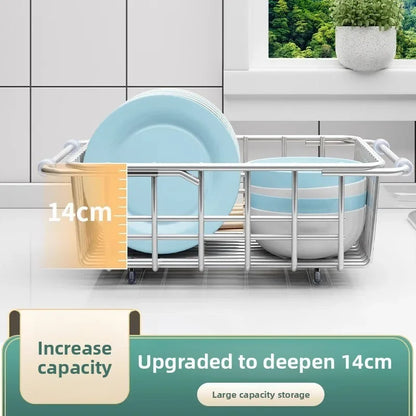 Telescopic Stainless Steel Sink Drain Basket Dishwashing Rack Kitchen Storage Organizer for Utensils and Dishes