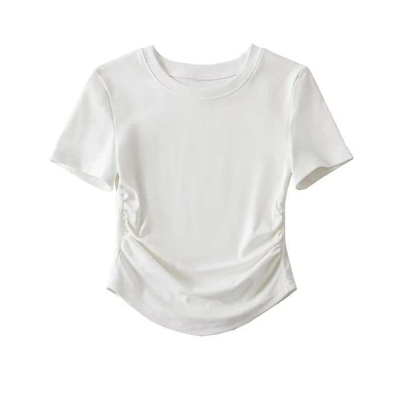 2024 Harajuku Women Crew Neck Short Sleeve Cotton Tee With Ruched Sides Detail T-shirts