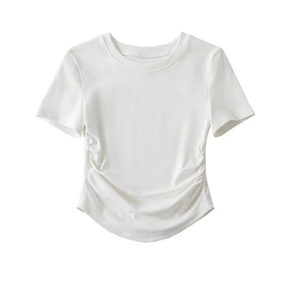 2024 Harajuku Women Crew Neck Short Sleeve Cotton Tee With Ruched Sides Detail T-shirts