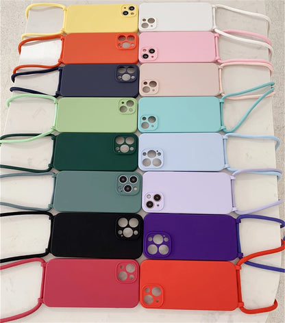 Crossbody Necklace Lanyard Cord Strap Liquid Silicone Case For iPhone 17 16 15 13 11 12 14 Pro Max XS XR X Plus Soft Candy Cover
