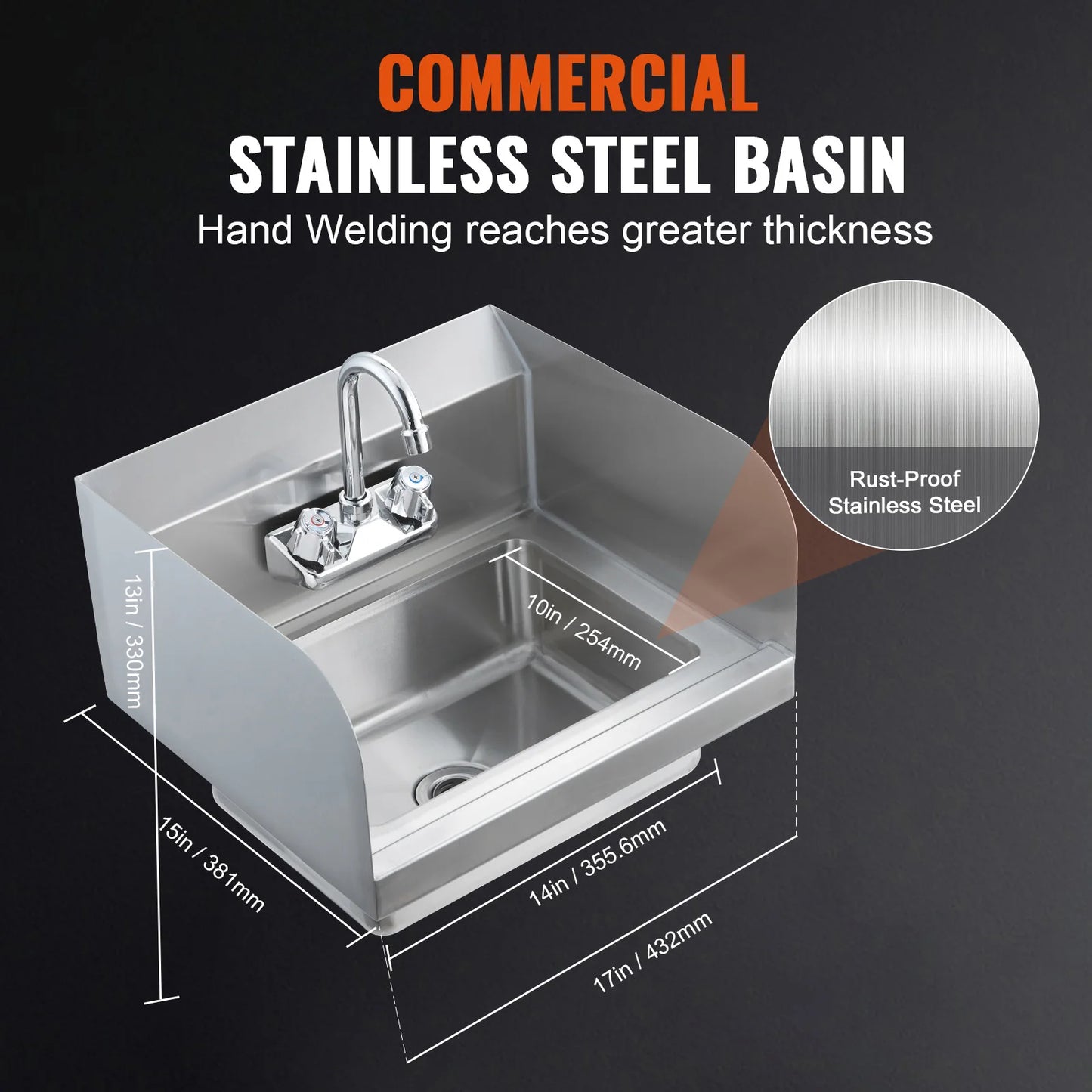 SucceBuy Commercial Hand Sink with Faucet and Side Splash Stainless Steel Sink for Washing Wall Mount Hand Basin for Restaurant