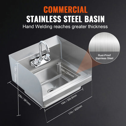 SucceBuy Commercial Hand Sink with Faucet and Side Splash Stainless Steel Sink for Washing Wall Mount Hand Basin for Restaurant