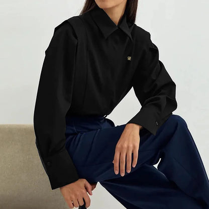 CH Womens CH Logo Embroidered Shirt Long Sleeve Structured Shoulder Office Blouse Fashion Button Down Top