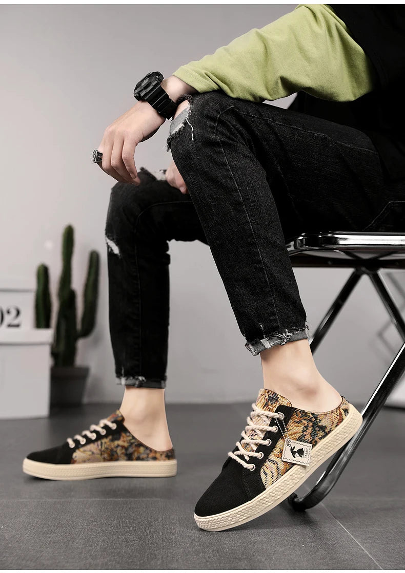 Men's canvas slippers summer new breathable outdoor soft-sole casual slippers party sandals Joker tide half slippers cloth shoes