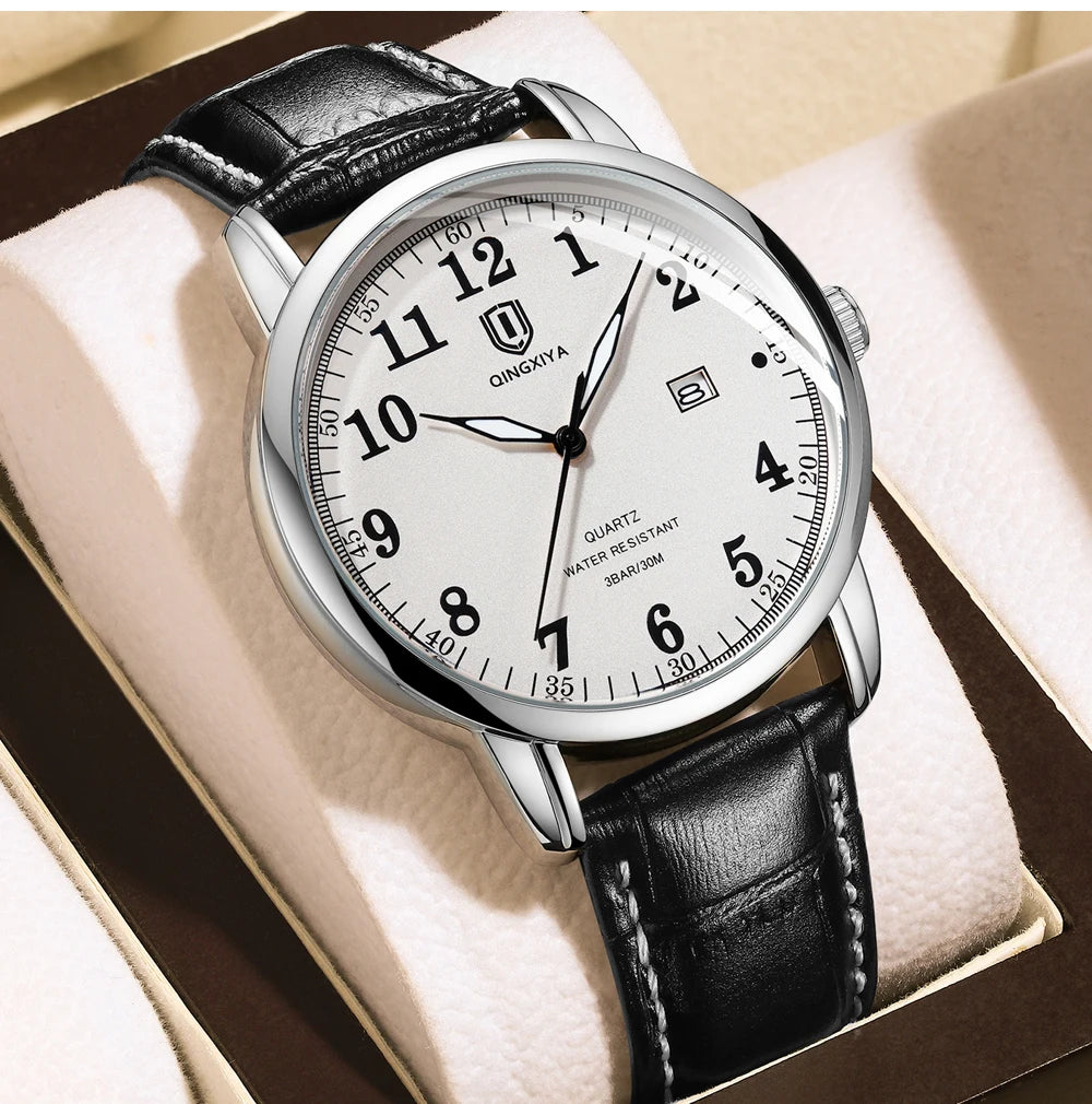 QINGXIYA Classic Business Watch  Men Calendar Quartz Watches Top Brand Luxury Leather Waterproof Mens Watches Relogio Masculino