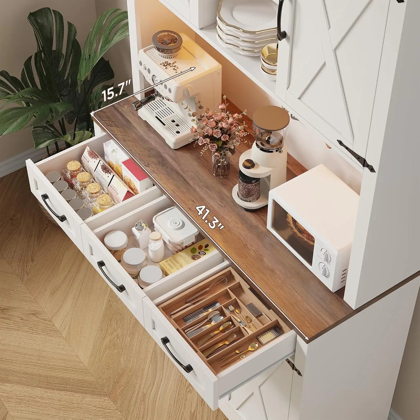 70.9" Tall Kitchen Pantry Cabinet with LED Light & Charging Station, Farmhouse Kitchen Hutch with Large Countertop & 10, Custom
