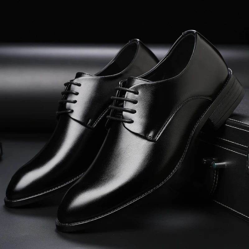 Mens Breathable Leather Dress Shoes Formal Business Footwear Pointed Toe Lace Up Flat Sole Groom Wedding Shoes Simple Leisure