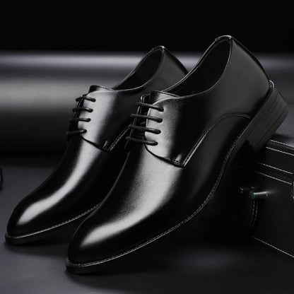 Mens Breathable Leather Dress Shoes Formal Business Footwear Pointed Toe Lace Up Flat Sole Groom Wedding Shoes Simple Leisure