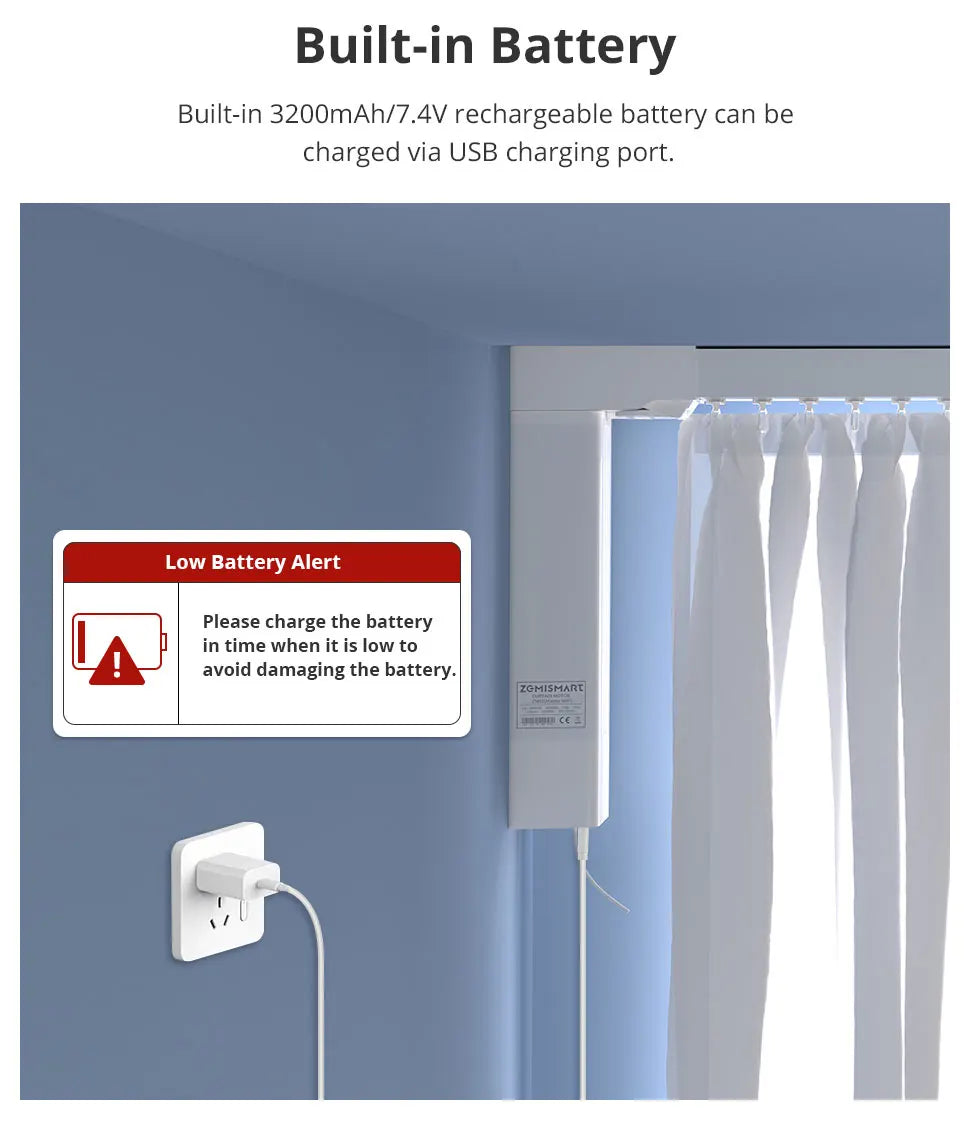 Zemismart Zigbee Rechargeable Electric Curtain Motor with Customized Slide Curtain Track Works with Tuya Alexa Google Home