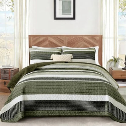 King Size Quilt Set Sage Green Striped 3 Piece Summer Patchwork Bedspreads Coverlet Soft Lightweight Bedding Set with 2 Pillow