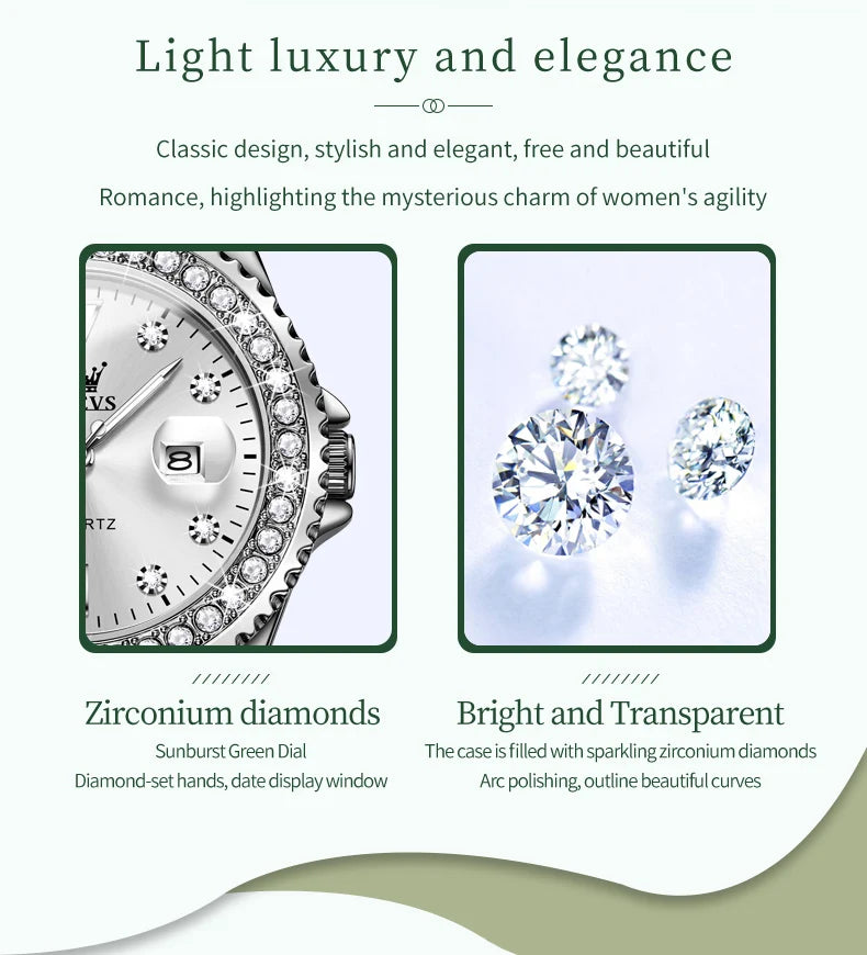 OLEVS Original Diamond Dial Quartz Watch for Women Fashion Elegant Ladies Watches Stainless Steel Waterproof Women's Wristwatch