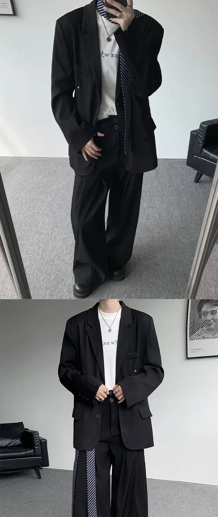 Casual suit set Men Loose fitting 2 piece suit Shoulder pads Trend Streetwear Korean 2025 NEW suit jacker+suit pants